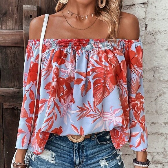 Tops - Multicolor Boho Women's Off Shoulder Blouse With Tropical Plant Print